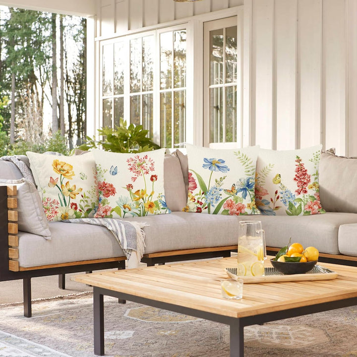 Bonhause 4er Set Kissenbezüge Blumen 45 x 45 cm Blume Garten Polyester Leinen Dekorative Kissenhülle