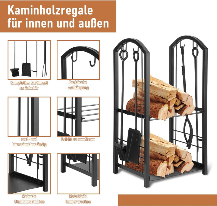 Randaco kaminholzregal Innen und Aussen, mit Kaminbesteck, Metall Brennholzregal aussen, Holzunterst