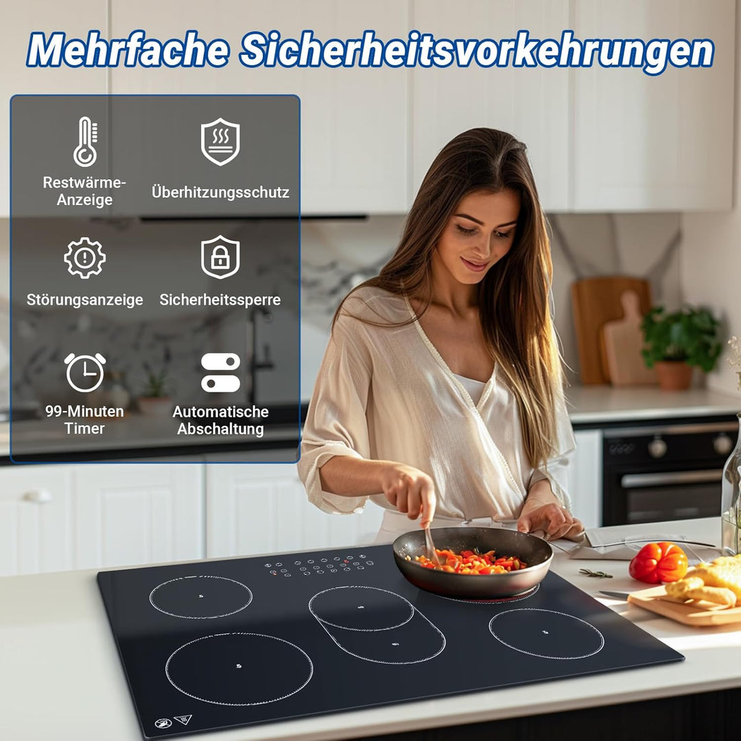 AMZCHEF Glaskeramikkochfeld 5 Zonen, Einbau Keramikkochfeld 77CM mit Ovale Zone und Dreierzone, 9 Le