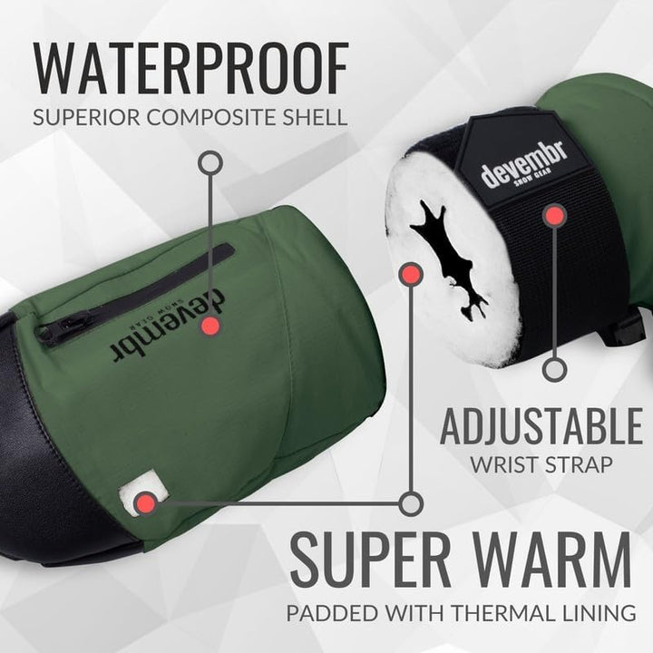 devembr Ski-Fäustlinge mit Handgelenkschützern, Warme Snowboard-Fäustlinge, Wasserdicht (S/M/L) Grün