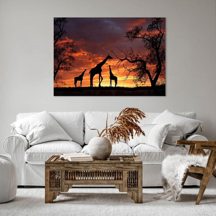 Bilder auf Leinwand 100x70cm Leinwandbild Giraffe Afrika Sonne Safari Gross Wanddeko Bild Schlafzimm