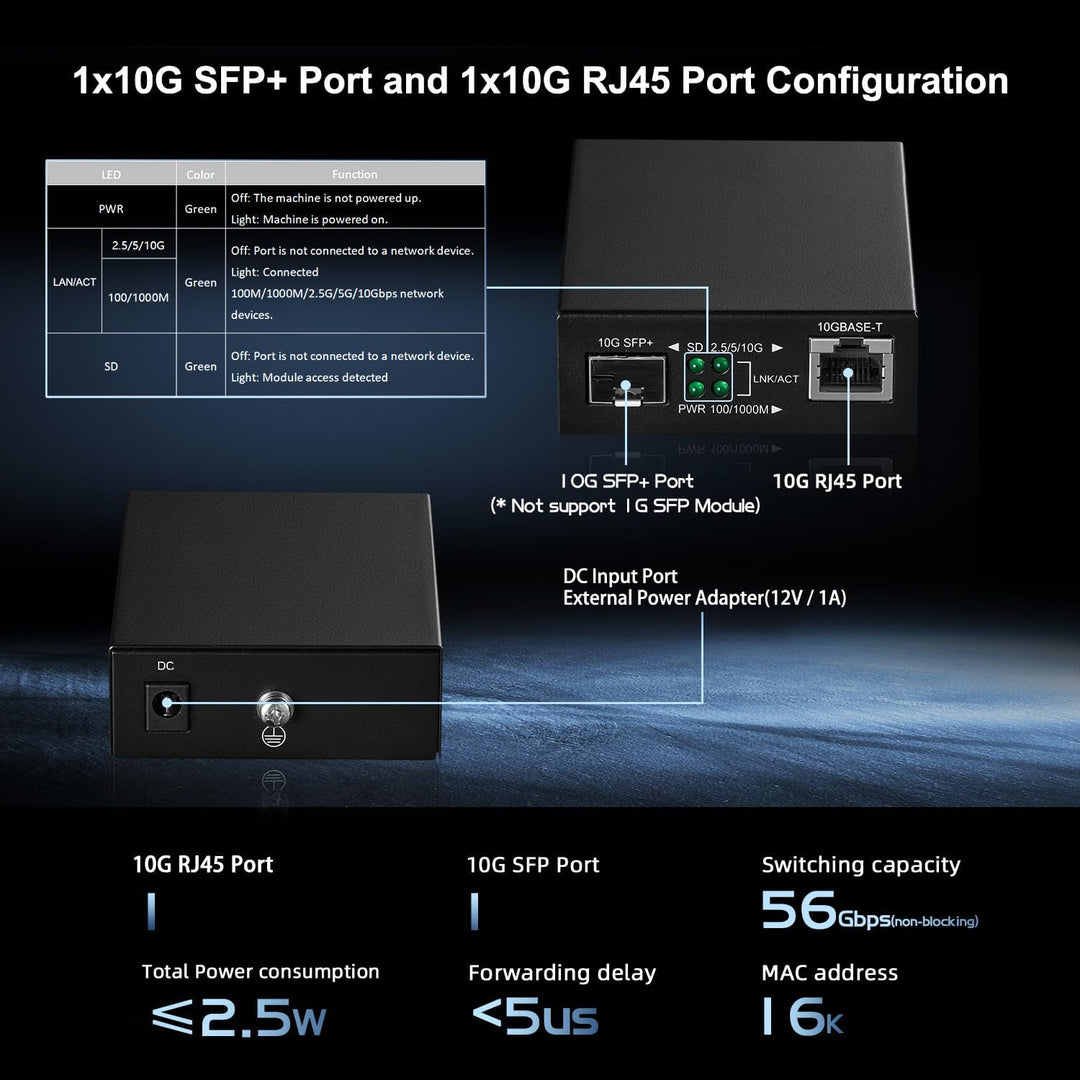 Binardat 10G Fiber Media Coverter, 2 Port 10 Gigabit Ethernet Switch, 1 x 10G RJ45 Port, 1 x 10G SFP