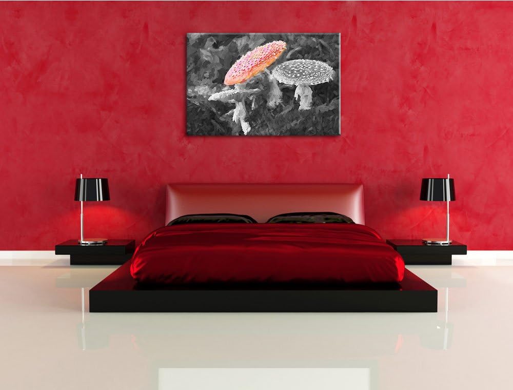 prächtige Fliegenpilze auf Waldboden schwarz/weiss Deluxe Format: 100x70 cm auf Leinwand, XXL riesig