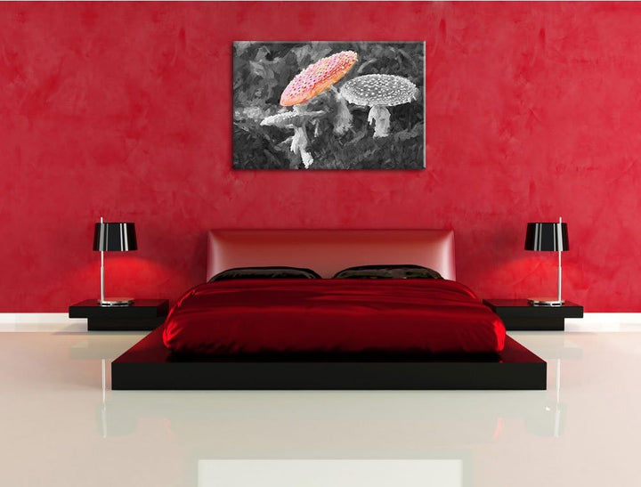 prächtige Fliegenpilze auf Waldboden schwarz/weiss Deluxe Format: 100x70 cm auf Leinwand, XXL riesig