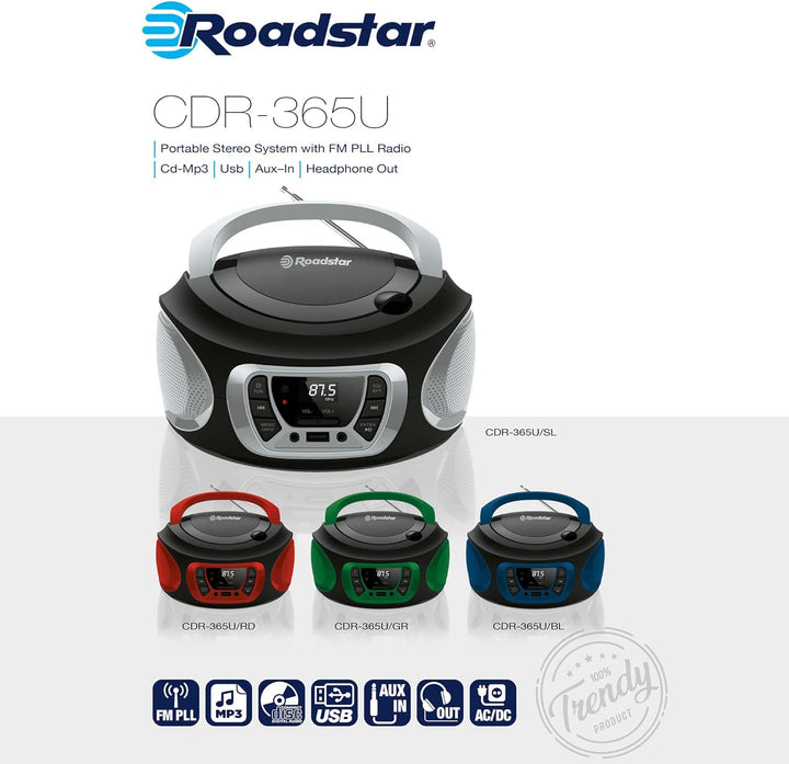 Roadstar CDR-365U/BL Tragbarer Radio-CD-Spieler Digital FM PLL, Boombox-CD-Spieler, CD-R, CD-RW, CD-