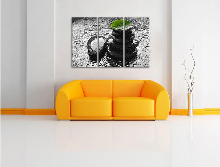 Pixxprint Zensteinturm im Regen als Leinwandbild/Grösse: 3 Teilig (120x80) cm/Wandbild/Kunstdruck/fe