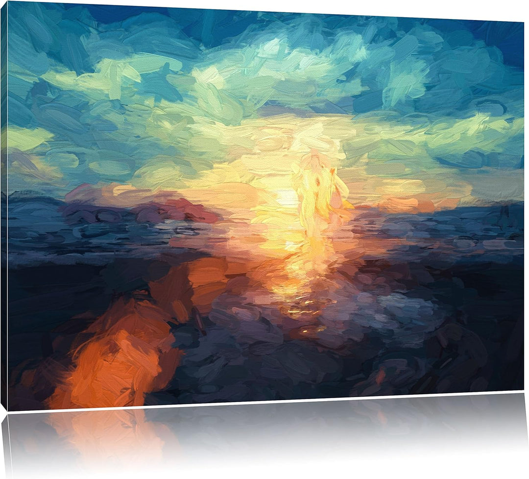 Pixxprint Yoga Silhouette bei Sonnenuntergang am Strand Kunst Pinsel Effekt, Format: 100x70 auf Lein