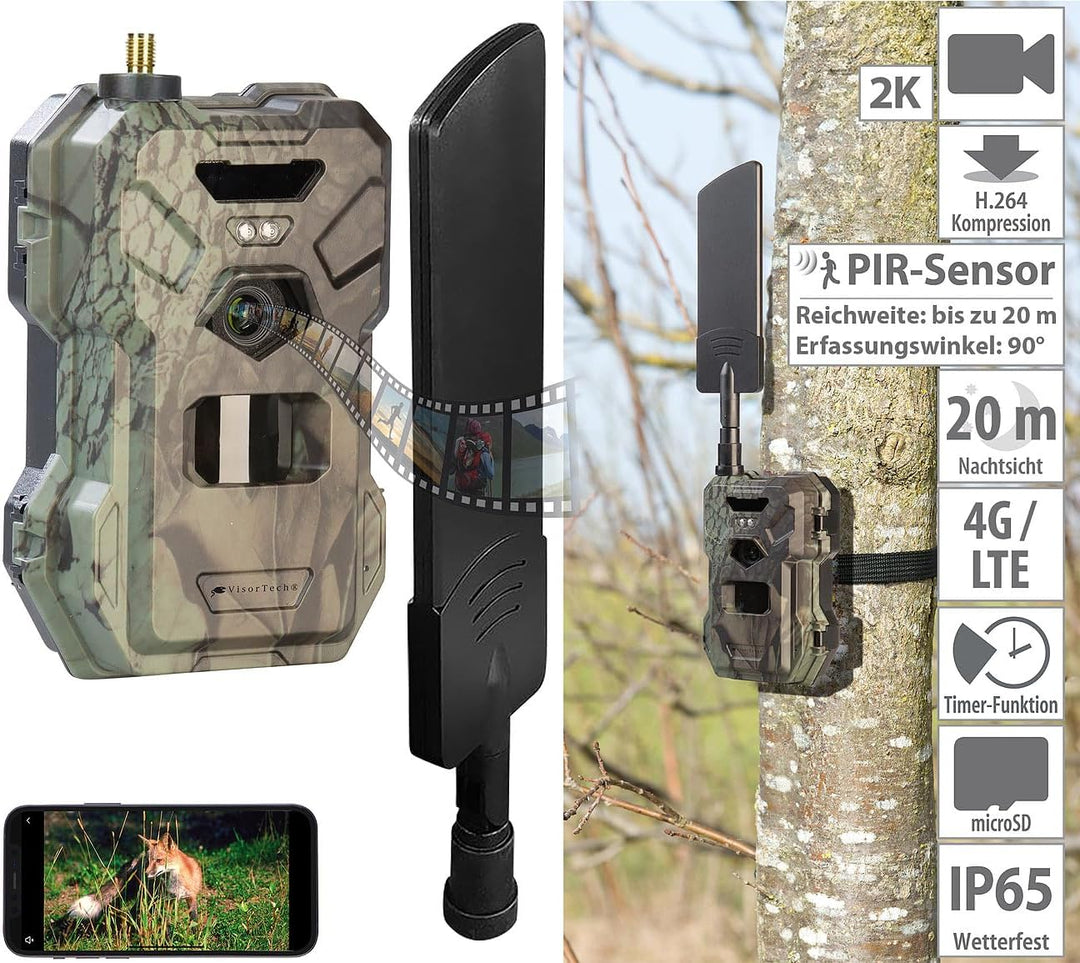 VisorTech Wildkamera mit Simkarte: 4G/LTE-Wildkamera mit 2K-Auflösung, 30 MP, PIR-Sensor, No-Glow-IR