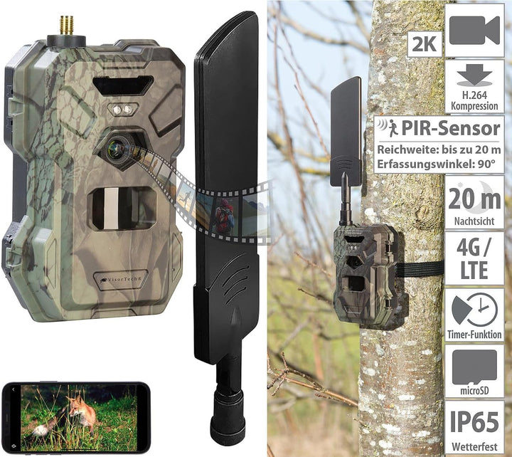 VisorTech Wildkamera mit Simkarte: 4G/LTE-Wildkamera mit 2K-Auflösung, 30 MP, PIR-Sensor, No-Glow-IR