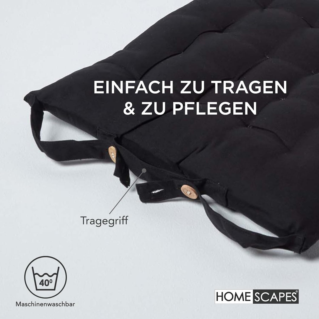 HOMESCAPES 4er Set Stuhlkissen 40 x 40 cm, schwarz, Sitzkissen mit Bändern und Knopfverschluss, einf