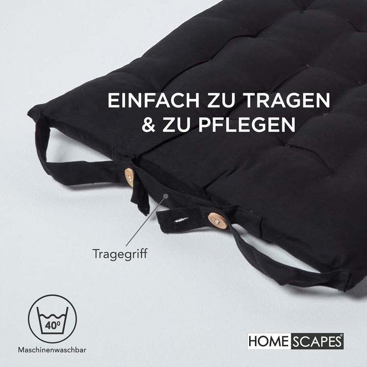 Homescapes 6er Set Stuhlkissen 40 x 40 cm, schwarz, Sitzkissen mit Bändern und Knopfverschluss, einf