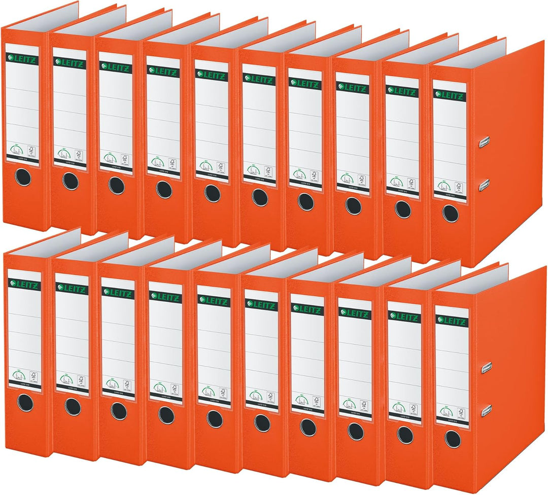 Leitz Qualitäts-Ordner 180° Plastik, 20er Pack, A4, Orange, 8,2 cm Rückenbreite, PP-laminierter Einb