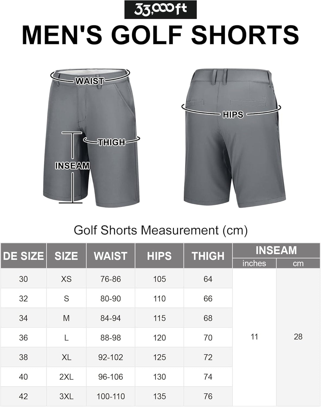 33,000ft Herren Golf Shorts Stretch Kurze Golfhosen Leichte Schnelltrocknende 11" Bermuda Shorts Kur