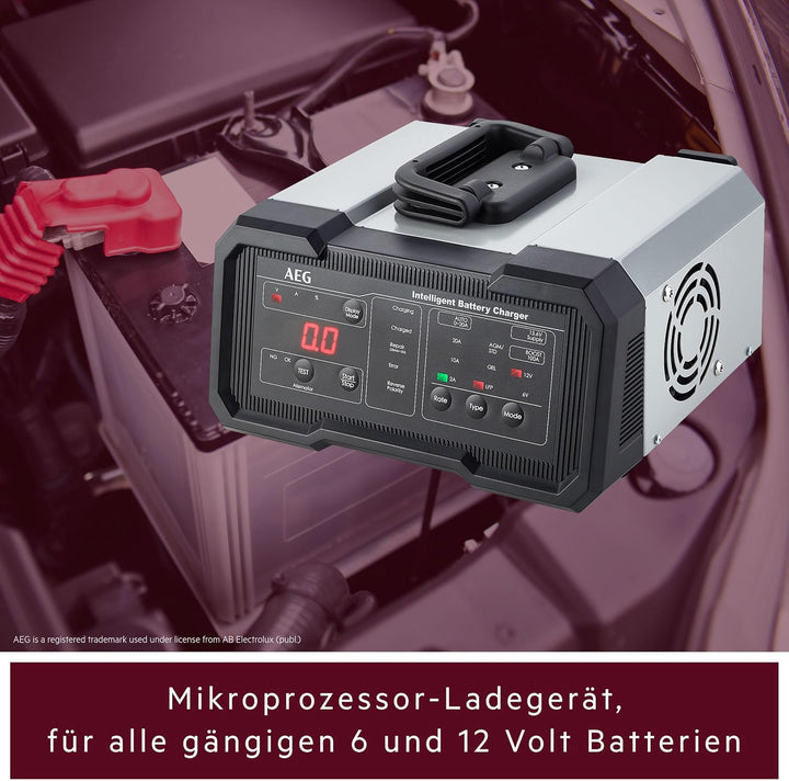 AEG Batterieladegerät CW20 lädt alle 6 V und 12 V Batterien, umfangreicher Sicherungsschutz, mit Lad
