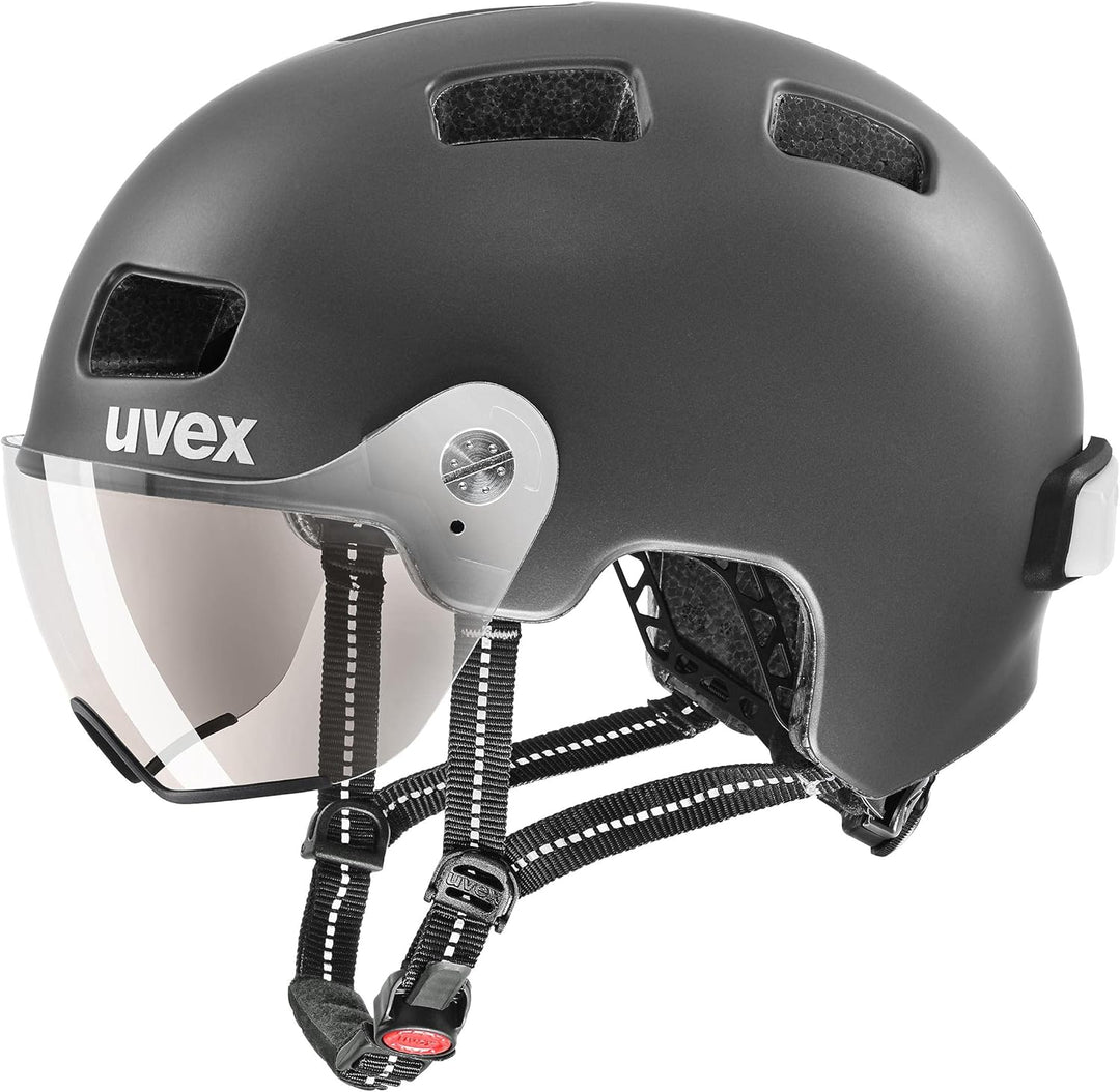 uvex rush visor - leichter City-Helm für Damen und Herren - mit Visier - inkl. LED-Licht - dark silv