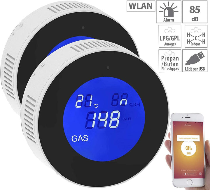 VisorTech Erdgasmelder: 2er-Set WLAN-Multi-Gasmelder, mit App & Sprachansage (Gassensor, Gas Melder