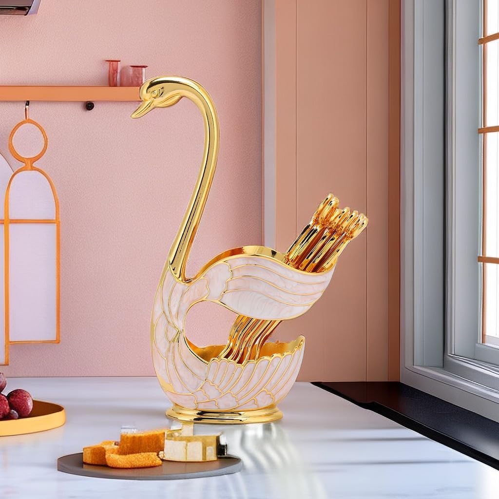 Teelöffel Gold, Kaffee Dessert Löffel Set, Schwan Basishalter Löffel Organizer mit 6 Stück Kaffee De