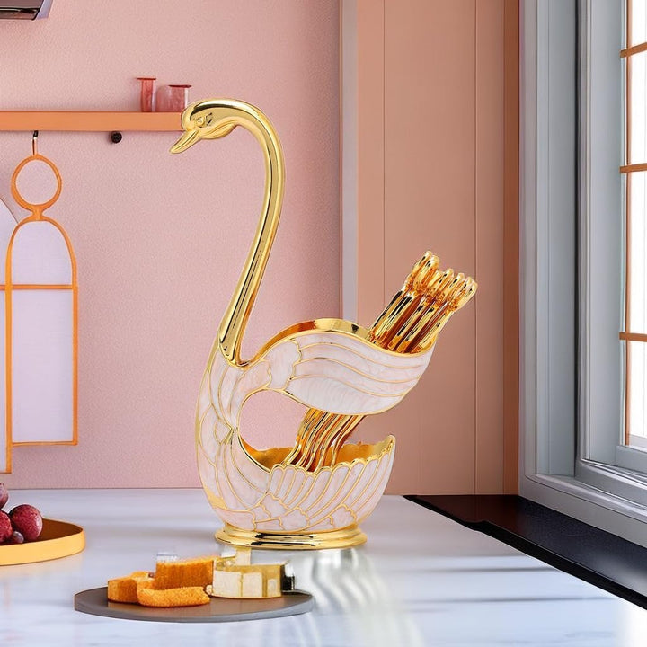 Teelöffel Gold, Kaffee Dessert Löffel Set, Schwan Basishalter Löffel Organizer mit 6 Stück Kaffee De