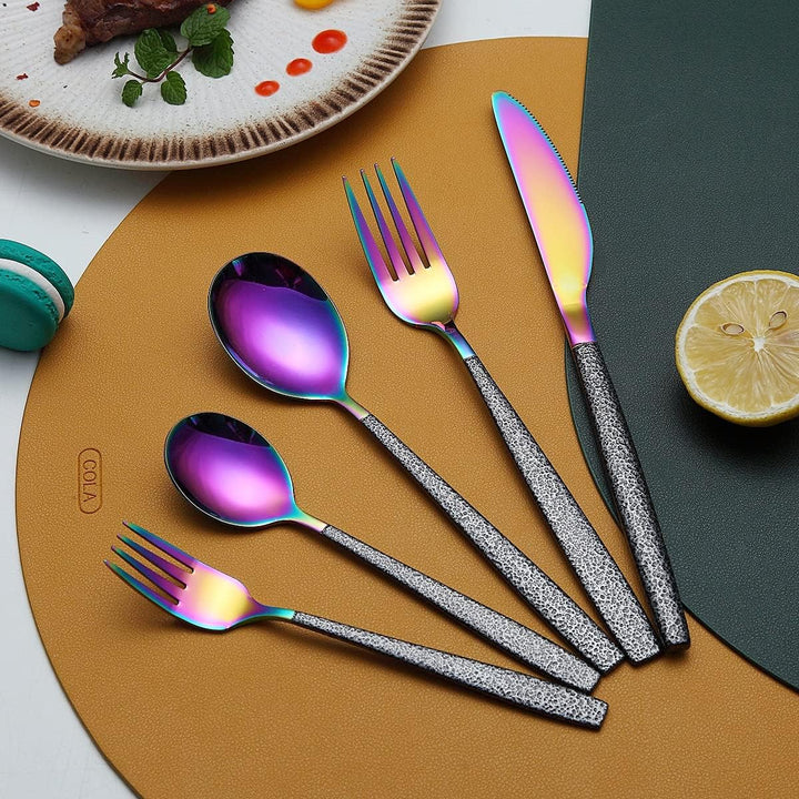 Besteckset 30 Stück Regenbogenkopfbeschichtung mit Schwarzem Marsgriff, Edelstahl Titan Buntes Besch