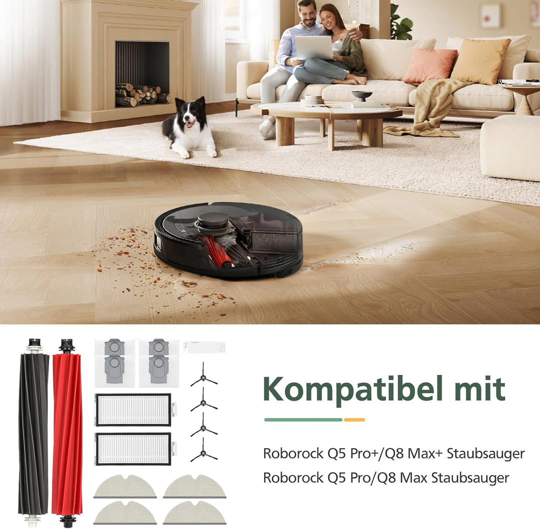 17 Stück Zubehör für Roborock Q5 Pro+ /Q5 Pro/ Q8 Max+ /Q8 Max Staubsauger, 2 Hauptbürsten, 2 HEPA-F