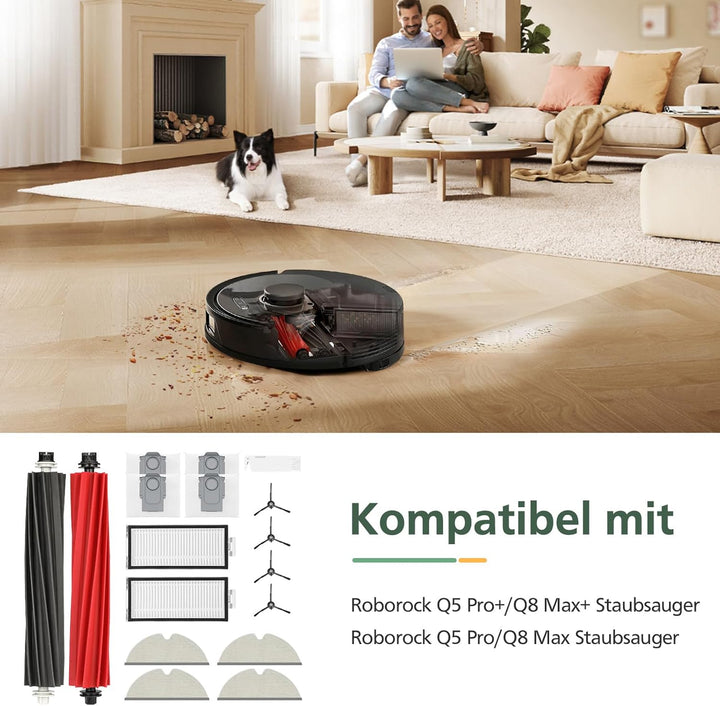 17 Stück Zubehör für Roborock Q5 Pro+ /Q5 Pro/ Q8 Max+ /Q8 Max Staubsauger, 2 Hauptbürsten, 2 HEPA-F