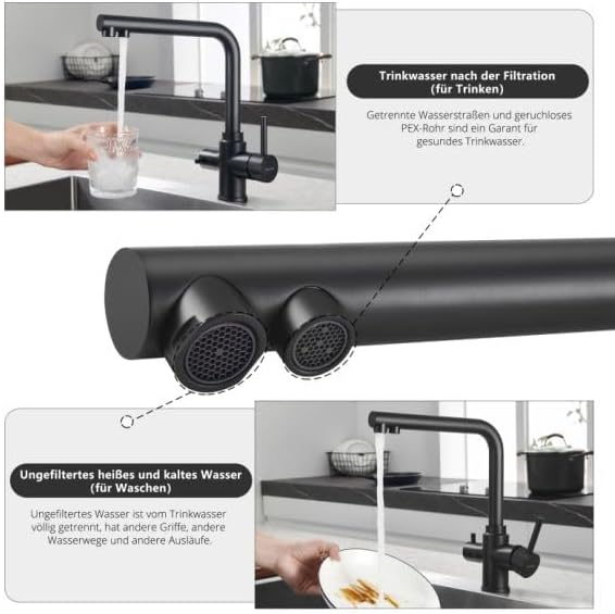 BONADE 3 Wege Wasserhahn Schwarz Matt, 360° Drehbar Küchenarmatur Trinkwasserhahn mit 2 Hebel, Misch