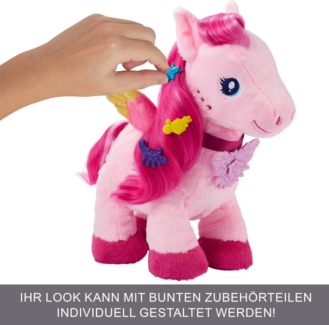 BARBIE Touch of Magic - Gehender und flatternder Plüschpegasus mit Leine, Schmetterlingstaste zum Ab