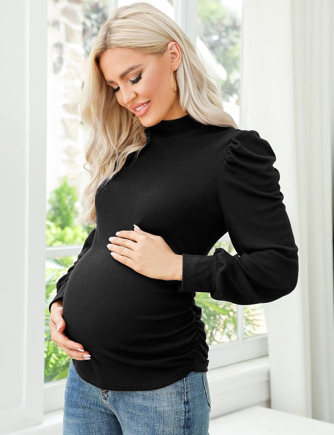 KOJOOIN Damen Umstandsshirt mit Streifen Kurzarm Umstandsbluse Rollkragen Umstandsmode mit Seite Ger