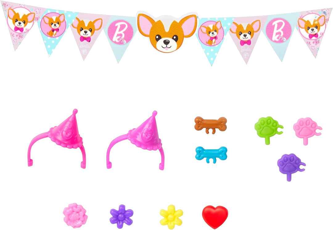Barbie Chelsea Doggy Party Zwei Puppen mit Haustieren und Spielset mit Zubehör, Spielzeug + 3 Jahre