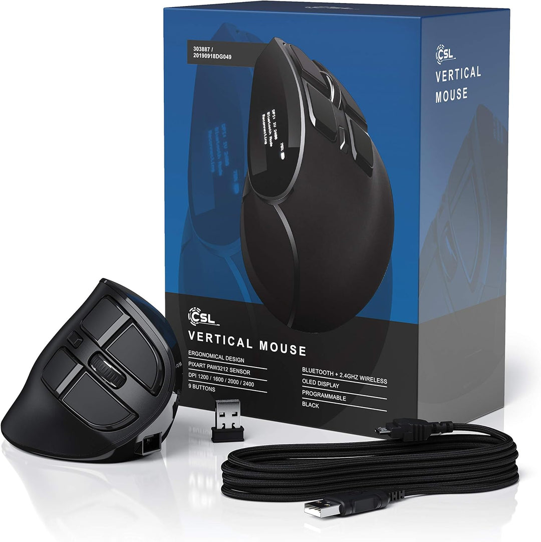 CSL - optische vertikale Maus kabellos - Wireless Mouse – Funkmaus mit OLED Display - 2,4 Ghz - gege