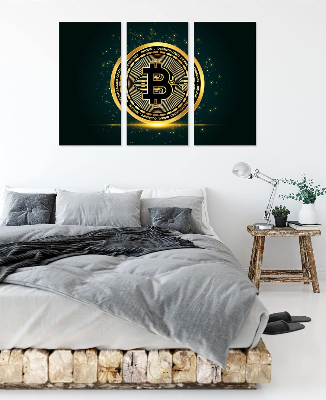 funkelnder Bitcoin BTCals Leinwandbild 3 teilig | Grösse: 120x80 cm | Wandbild | Kunstdruck | fertig