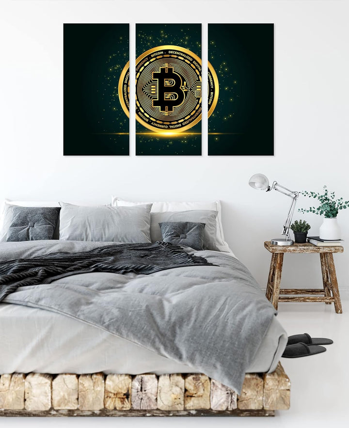 funkelnder Bitcoin BTCals Leinwandbild 3 teilig | Grösse: 120x80 cm | Wandbild | Kunstdruck | fertig