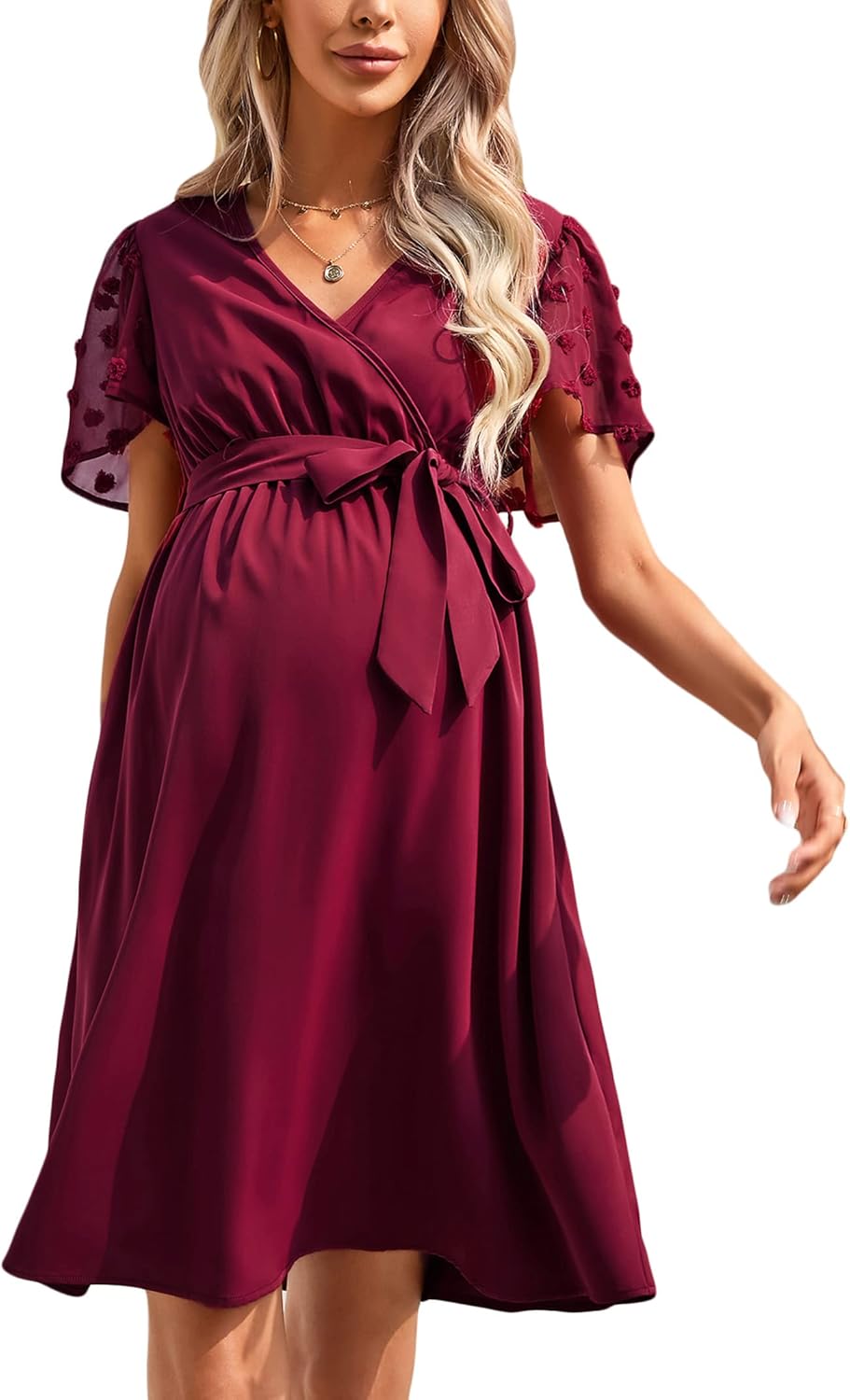 KOJOOIN Damen Umstandskleid Tüll Kurzarm Stillkleid Swiss Dot V-Ausschnitt Schwangere Kleider Mutter