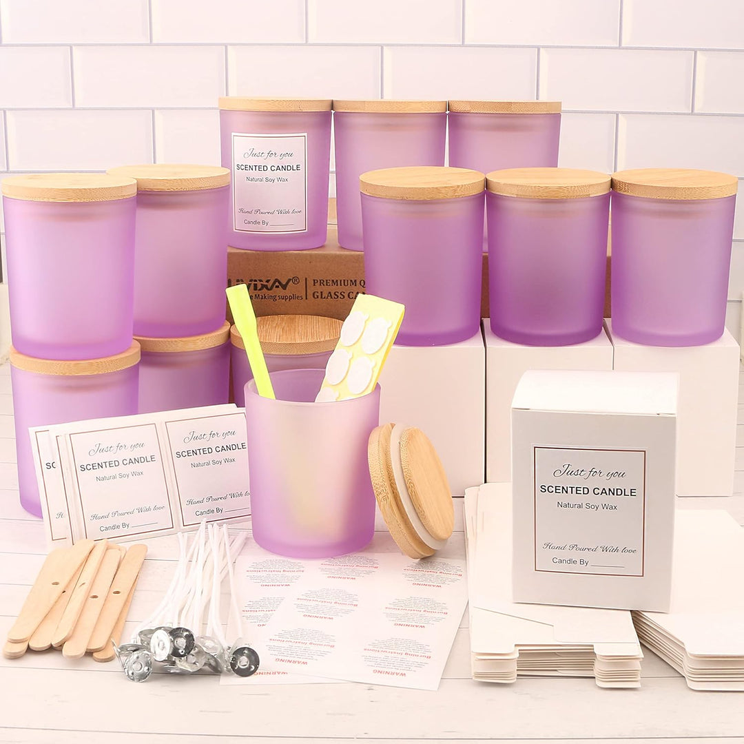 MILIVIXAY 12 Stück 340 ml matte lila Glaskerzengläser mit Deckel und Kerzenherstellungs-Kits – leere