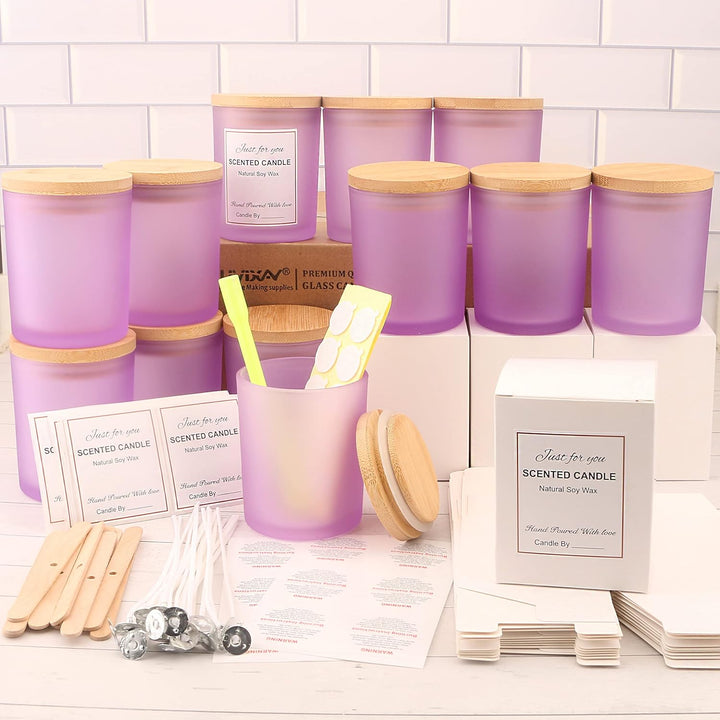 MILIVIXAY 12 Stück 340 ml matte lila Glaskerzengläser mit Deckel und Kerzenherstellungs-Kits – leere