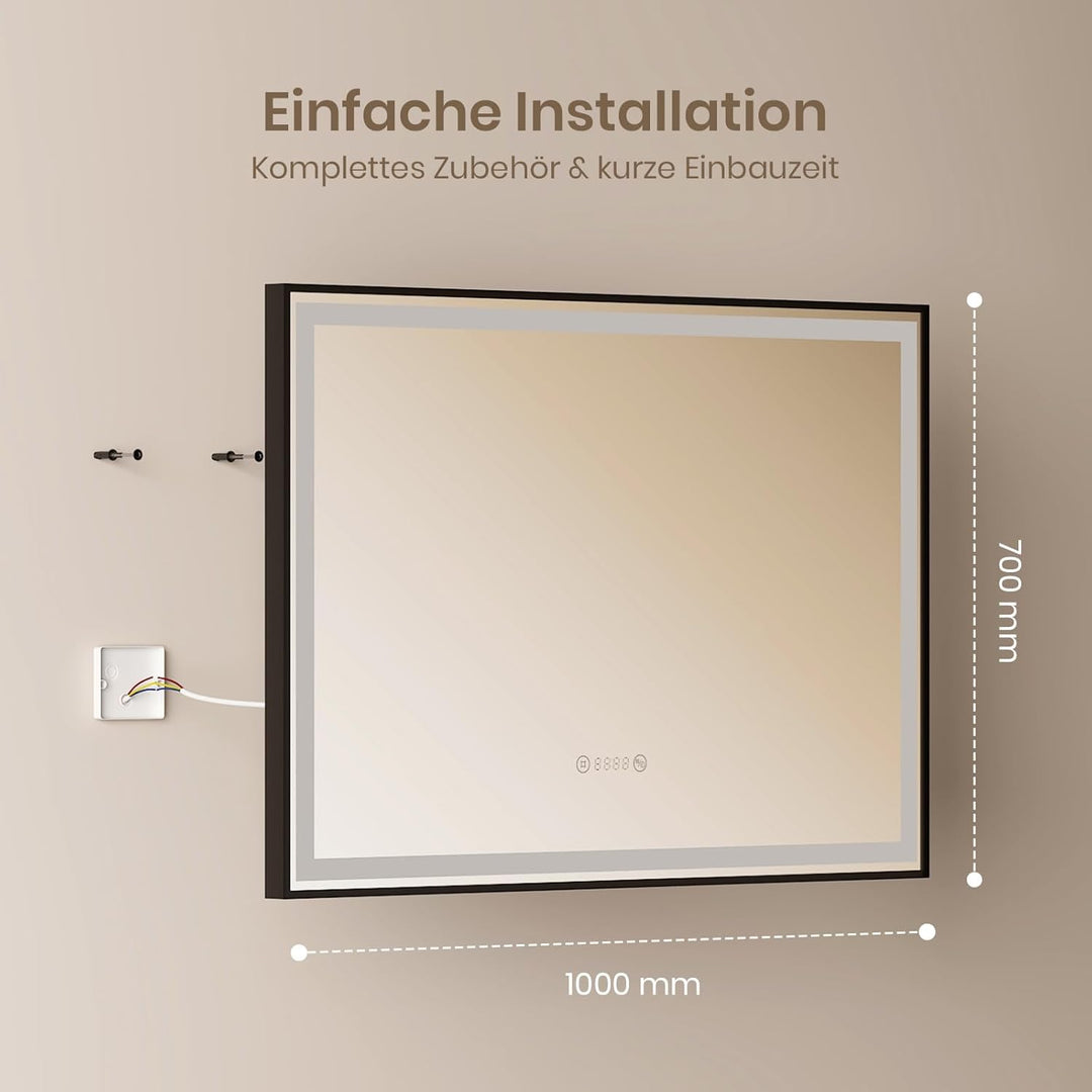 EMKE Badspiegel mit Beleuchtung 100x70cm, schwarzer Badezimmerspiegel mit Touch, Dimmbar, Antibeschl