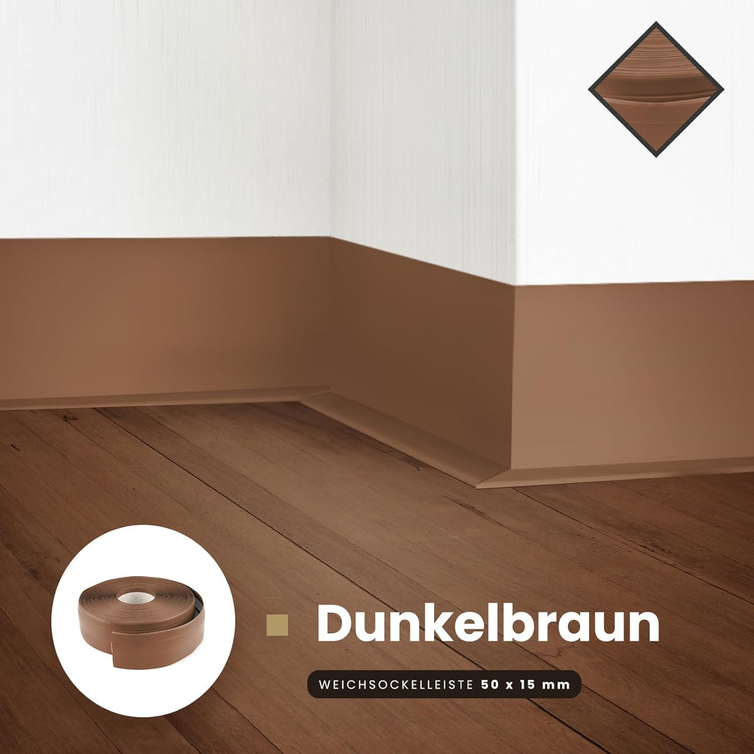 DQ-PP WEICHSOCKELLEISTE | 10m | dunkelbraun | 50x15mm | PVC | selbstklebend | Knickwinkel Fussleiste
