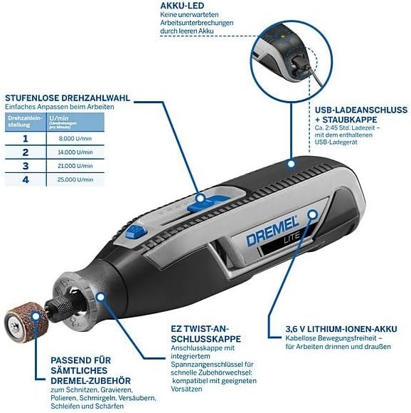 Dremel Lite 7760 Akku Multifunktionswerkzeug 3.6V, Set mit 15 Zubehörteilen, Variable Drehzal 8.000-
