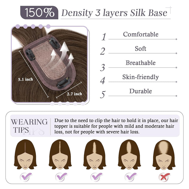 TESS Hair Topper Echthaar Braun, 7x13cm Basis Toupet Damen #2 Dunkelbraun mit Pony Haartopper Echtha
