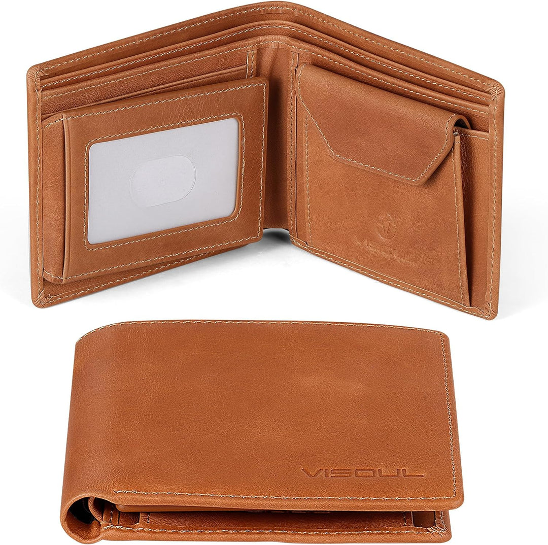 VISOUL Leder Geldbörse Herren mit ID-Fenster/Münzfach & RFID Schutz I Echtleder Geldbeutel für Männe