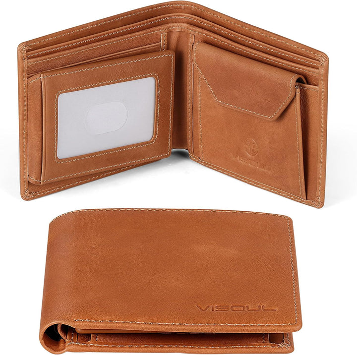 VISOUL Leder Geldbörse Herren mit ID-Fenster/Münzfach & RFID Schutz I Echtleder Geldbeutel für Männe