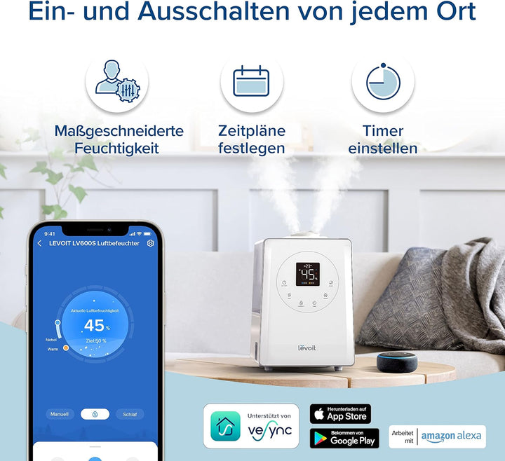 LEVOIT Luftbefeuchter, Smart 6L Top-Fill Warmer/Kalter Nebel mit Alexa/APP Steuerung, Schlafmodus, T