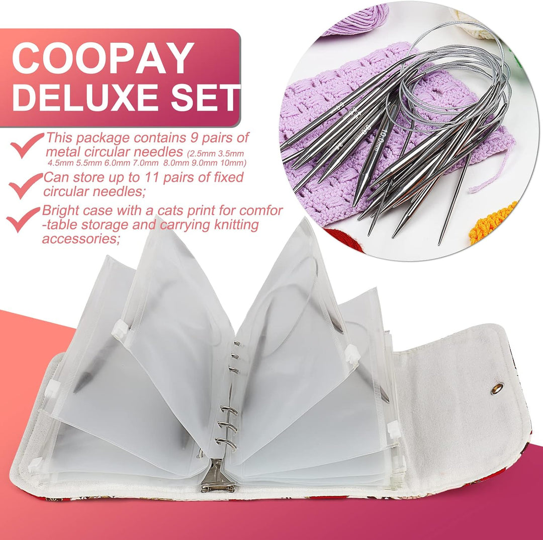 Coopay Rundstricknadel Set mit Lose-Blat Tasche, 9 Stück Edelstahl Stricknadeln Rundstricknadel 40 c