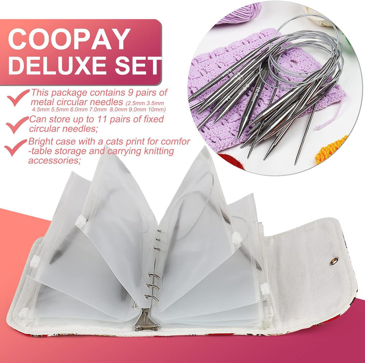 Coopay Rundstricknadel Set mit Lose-Blat Tasche, 9 Stück Edelstahl Stricknadeln Rundstricknadel 40 c