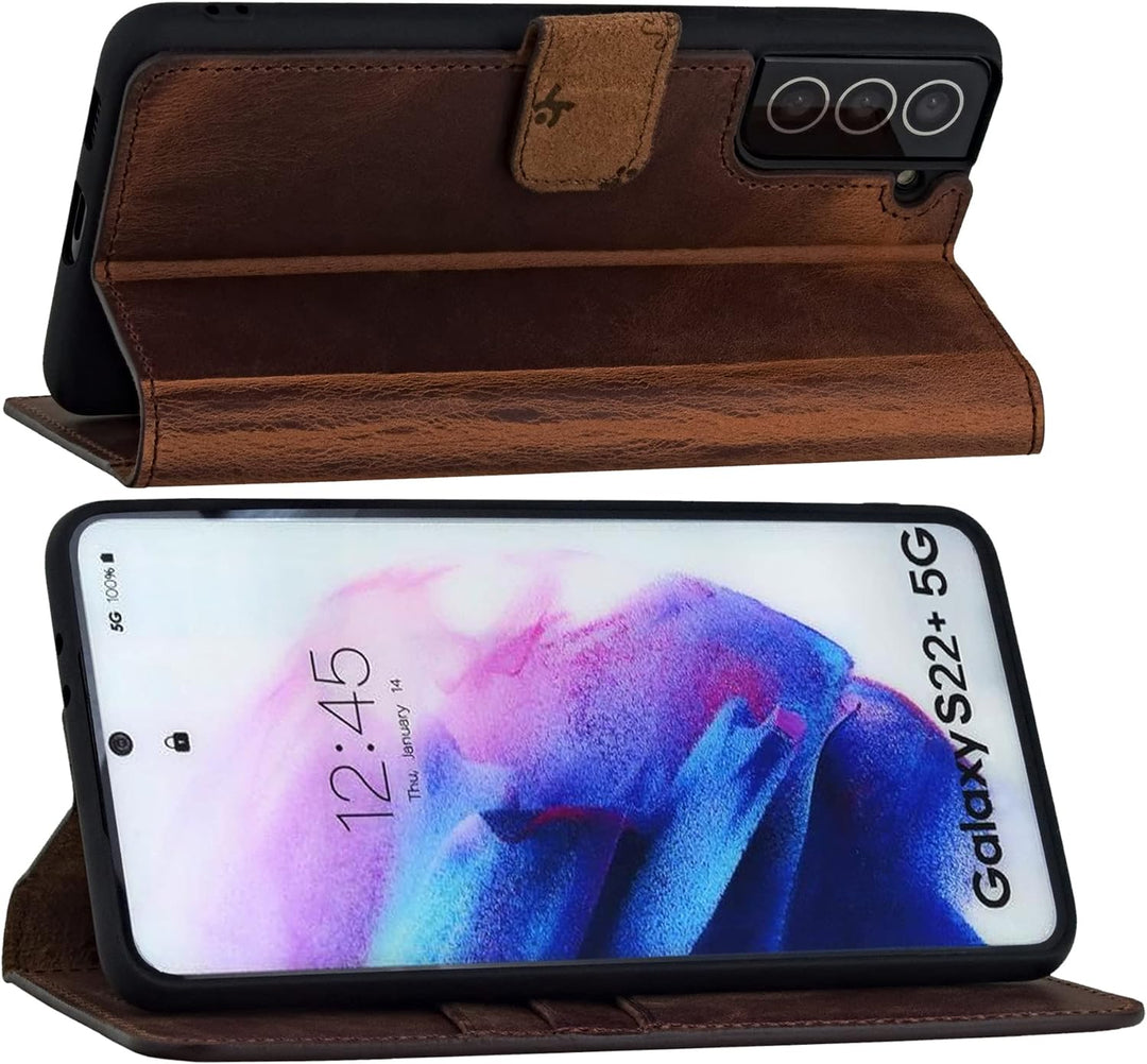Suncase Book-Style Hülle kompatibel mit Samsung Galaxy S22 Plus 5G Leder Tasche (Slim-Fit) Lederhüll