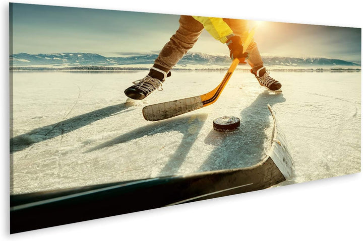 islandburner Bild auf Leinwand Eishockey Spiel Moment Gefrorener See Bilder Wandbilder Poster Leinwa