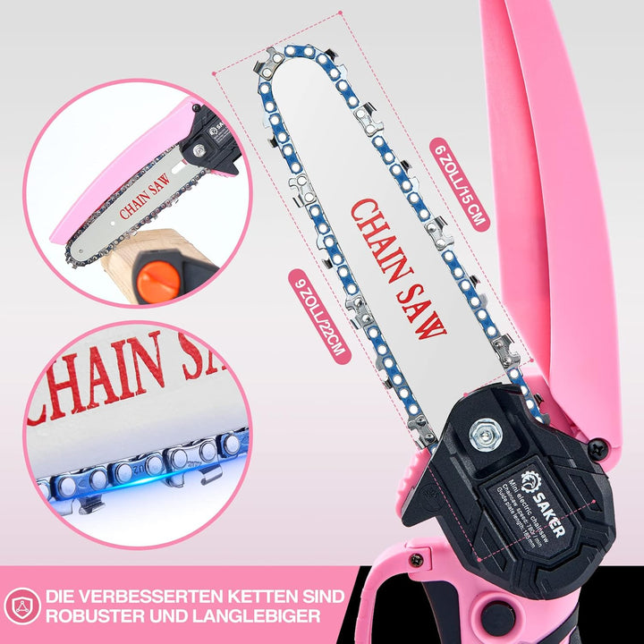 Saker Mini Kettensäge mit 2 Akkus 6 Zoll, Rosa kabellose kettensäge elektrisch mit 3 Ketten, 15 cm m