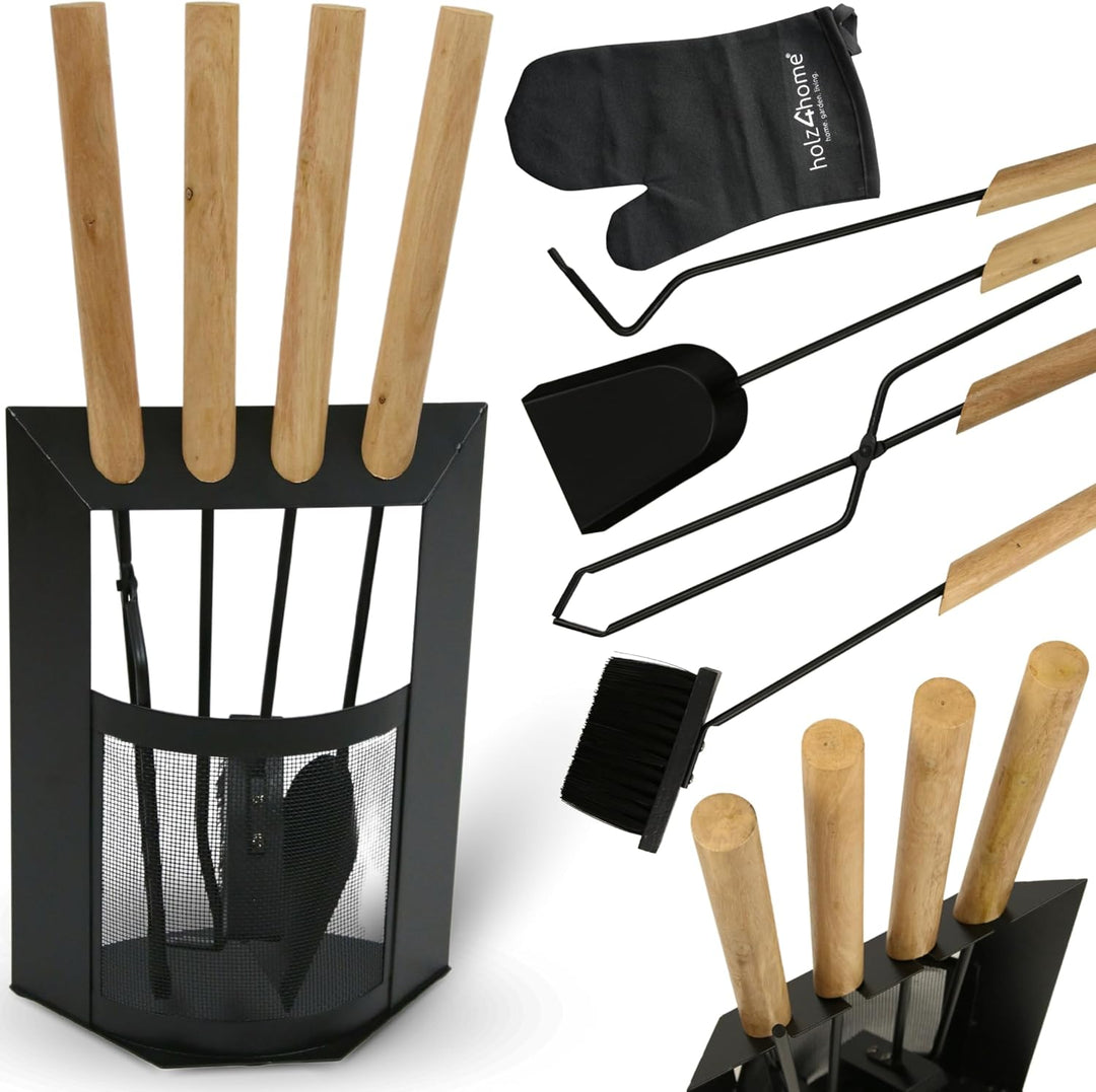 holz4home® Kaminbesteck 6-tlg. Schwarz mit Holzgriff inkl. Ofenhandschuh hitzebeständig I Kaminset K