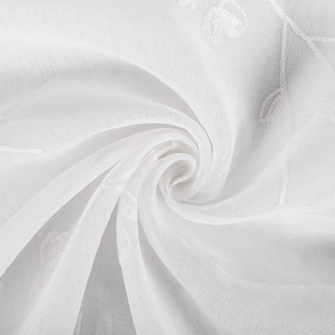 WOLTU VH6056ws-2, 2er Set Gardinen transparent Blumen Stickerei mit Kräuselband Leinen Optik, Doppel