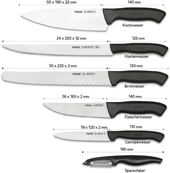 Pirge Ecco Starter Set Profi Messerset mit Tasche 7 Stück - Profi Kochmesser Set - Edelstahl Profi K